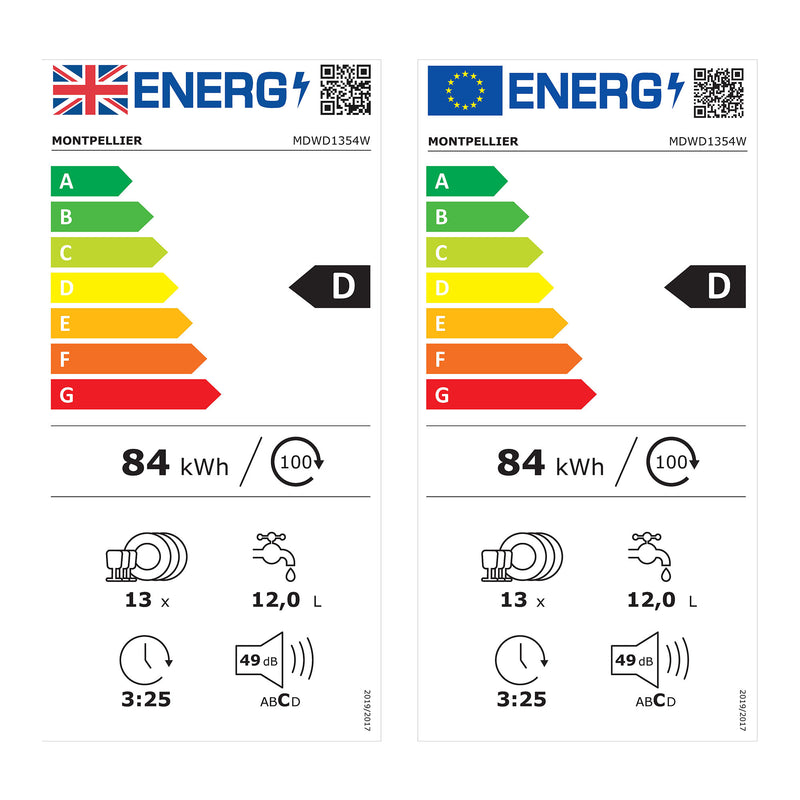 Montpellier MDWD1354W - White 13 Place Setting Dishwasher - 60cm Wide - D Energy Rating