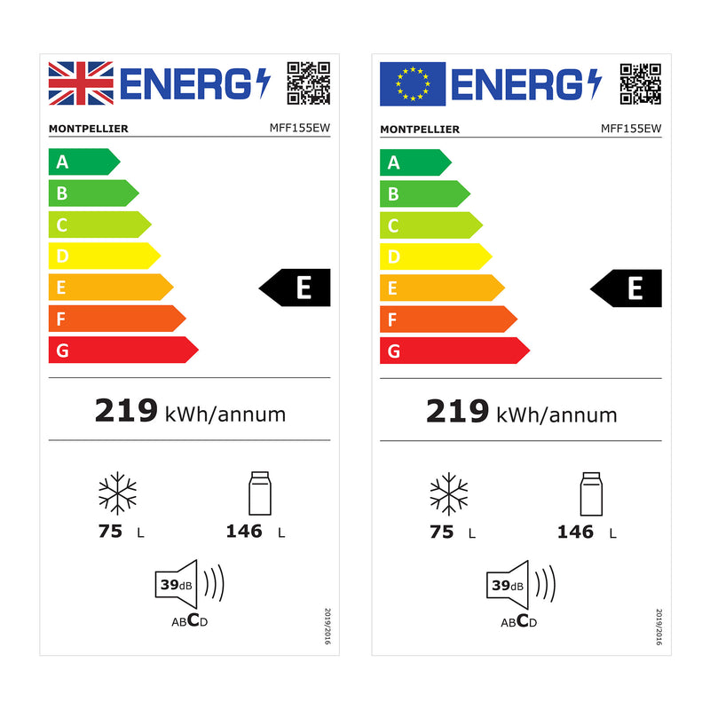 Montpellier MFF155EW - White Freestanding 60/40 Frost Free Fridge Freezer - E energy