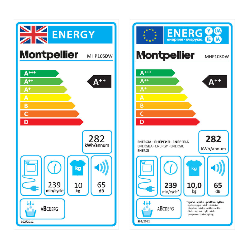 Montpellier MHP10SDW - White 10KG Heat Pump Tumble Dryer - A++ Energy