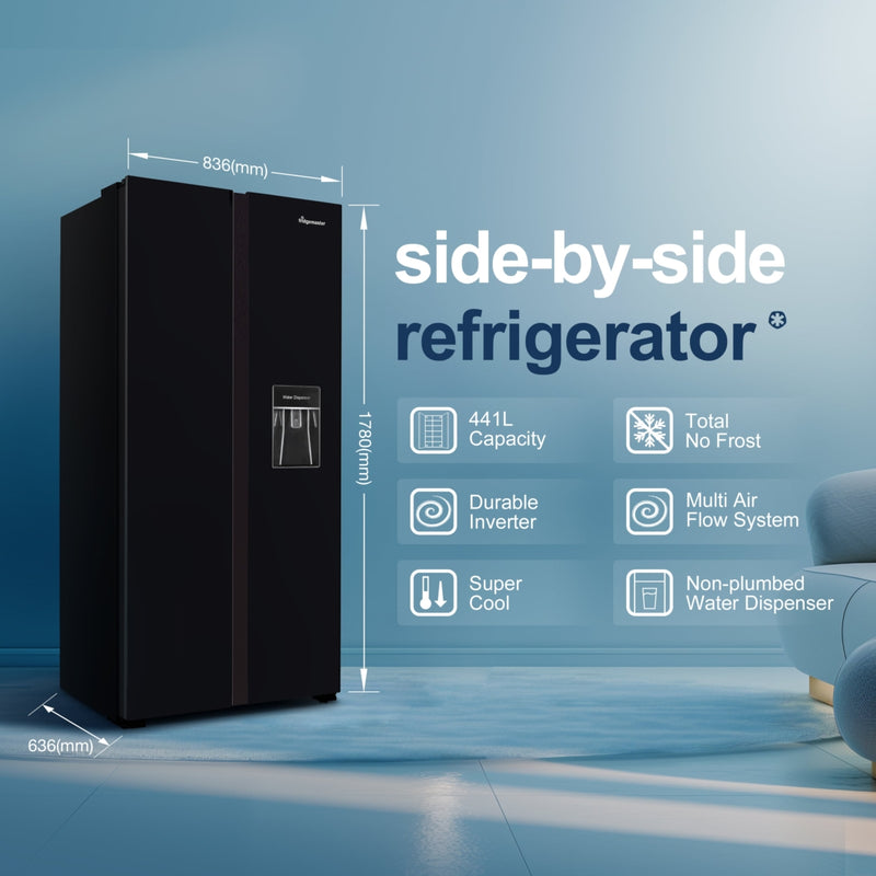 Fridgemaster MS83430DEB - Black American Fridge Freezer - 440L Capacity - E Energy Rating