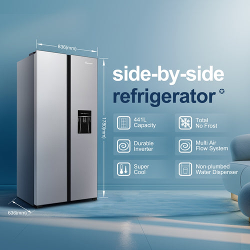 Fridgemaster MS83430DES - Silver American Fridge Freezer - 440L - E Energy Rating