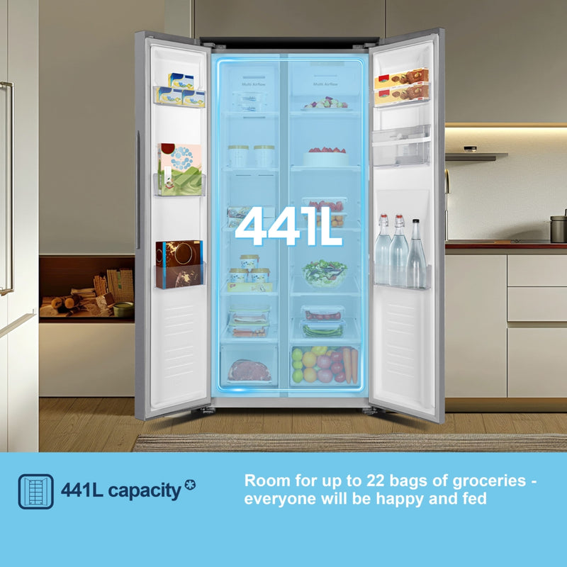 Fridgemaster MS83430DES - Silver American Fridge Freezer - 440L - E Energy Rating