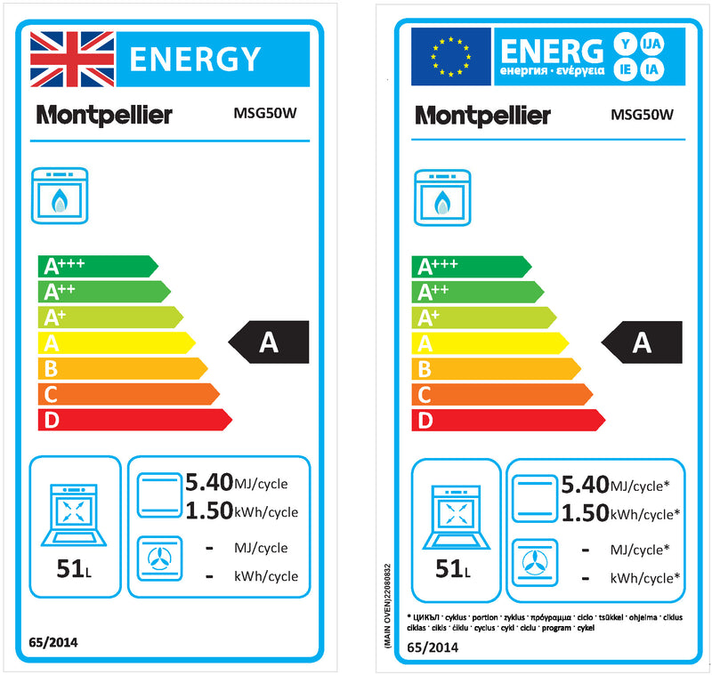 Montpellier MSG50W - White 50cm Single Cavity Gas Cooker - 51L - A Energy