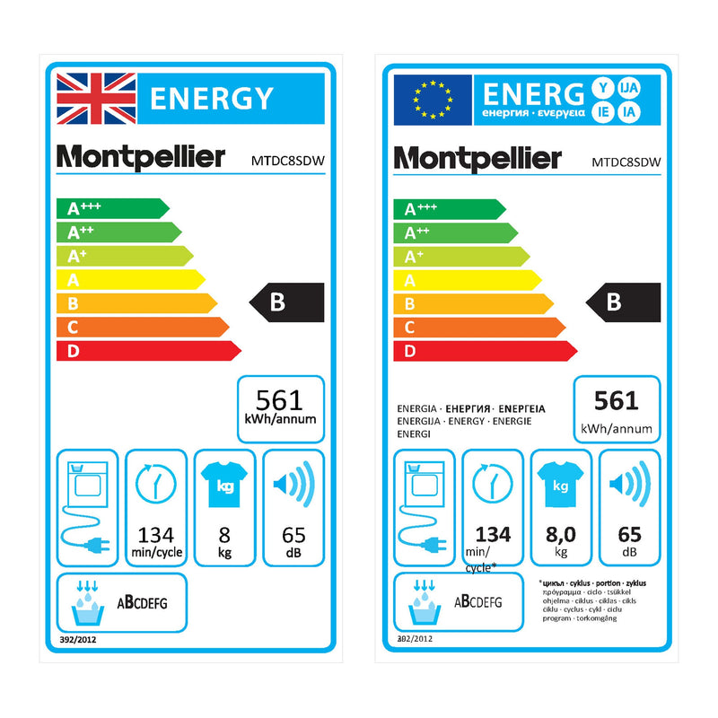 Montpellier MTDC8SDW - White 8KG Condenser Tumble Dryer - B energy - Display