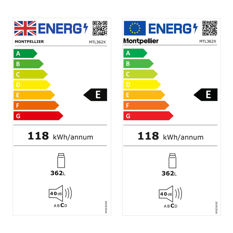 Montpellier MTL362X - Inox Tall Larder Fridge - 362L Capacity - E Energy Rating