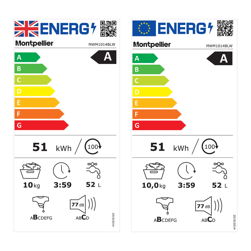 Montpellier MWM1014BLW - White 10KG Washing Machine - 1400 RPM - A Energy