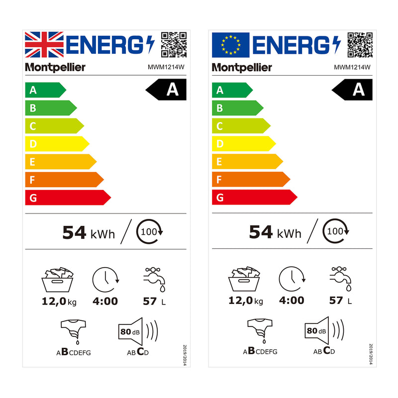 Montpellier MWM1214W - White 12KG Washing Machine - 1400 RPM - A energy