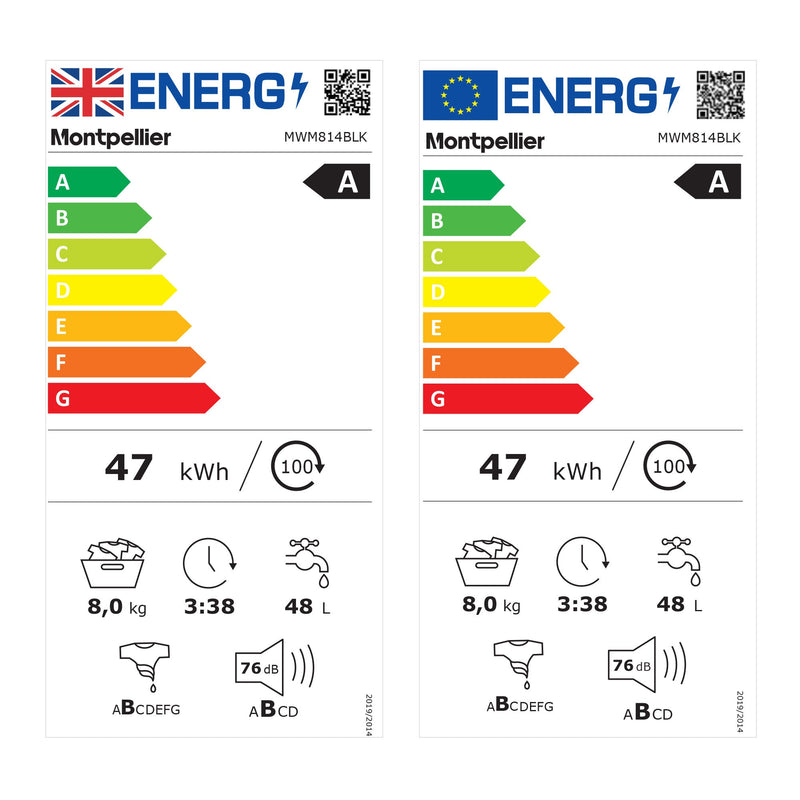 Montpellier MWM814BLK - Black Freestanding 8KG Washing Machine - 1400 RPM - A energy - Display