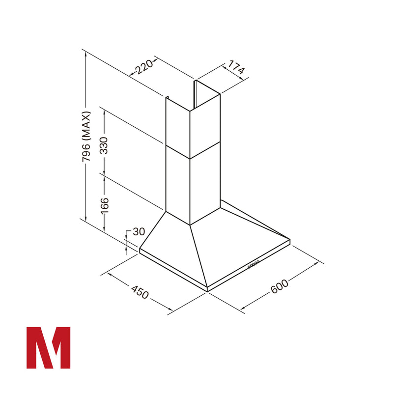 Montpellier MH600BK - Black Chimney Extractor Hood - Airflow 285m3/h - A Energy