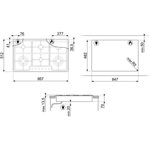 Smeg PGF962 Classic - Stainless Steel Gas Hob - 6 Burners - 87cm