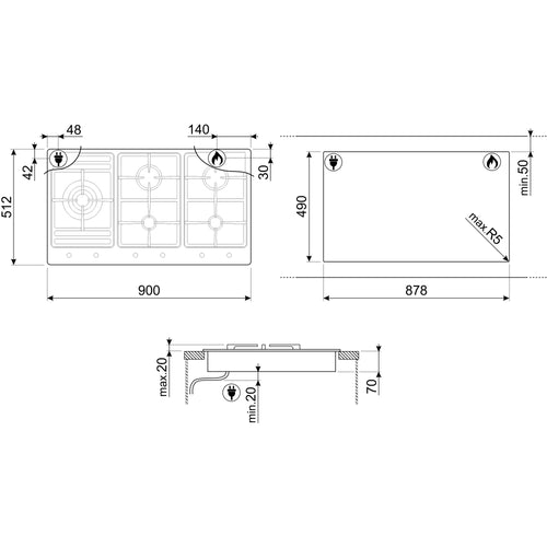 Smeg PS9062 Classic - Stainless Steel 90cm Gas Hob - 5 Burners