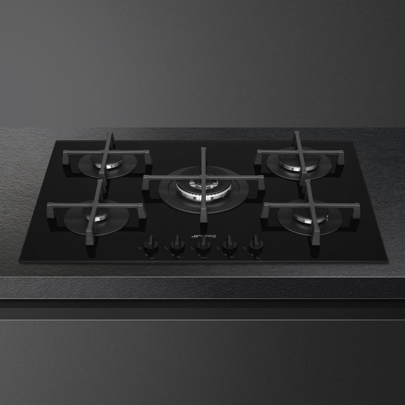 Smeg PV275B - Black 72cm Gas Hob - 5 Burners - Glass Surface