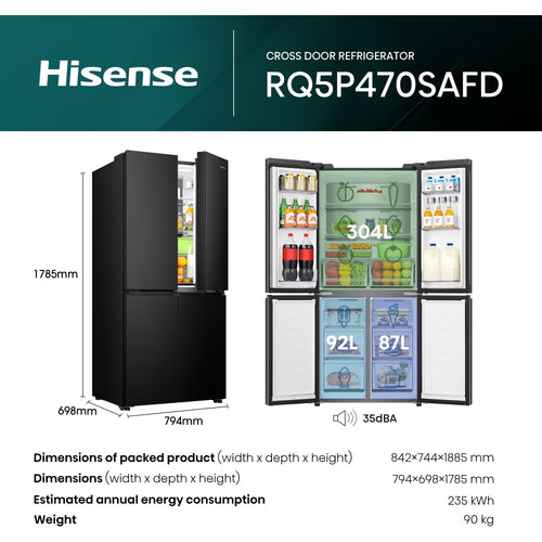 Hisense RQ5P470SAFD - Black/Stainless Steel American Fridge Freezer - 483L - D Energy