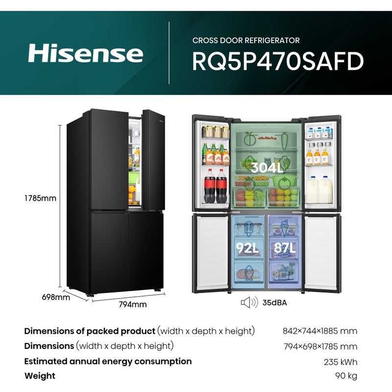 Hisense RQ5P470SAFD - Black/Stainless Steel American Fridge Freezer - 483L - D Energy
