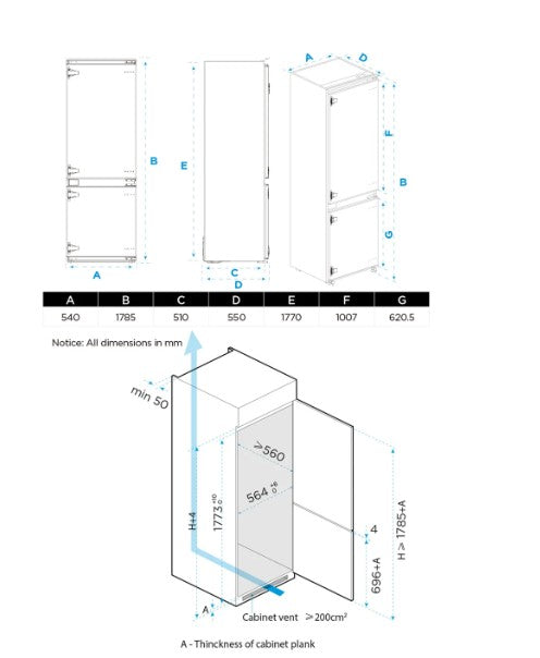Midea MDRE379FGE01D - White Integrated 70/30 Fridge Freezer - 271L - E Rated