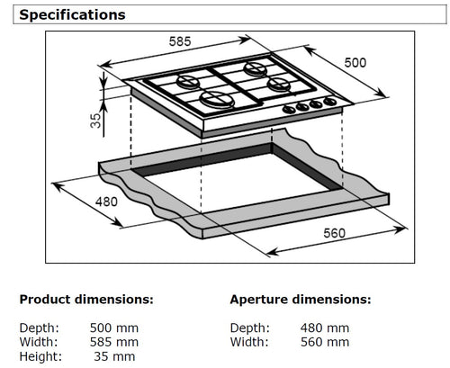 Baumatic BHG610.5SS - Stainless Steel 60cm Gas Hob - 4 Burners