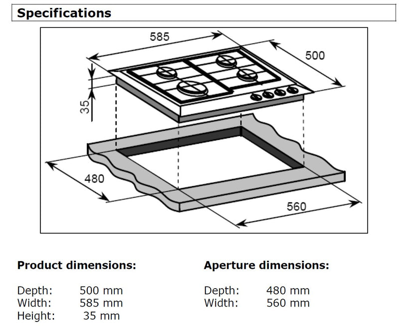 Baumatic BHG610.5SS - Stainless Steel 60cm Gas Hob - 4 Burners