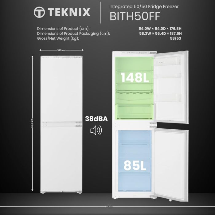 Teknix BITH50FFE - Integrated Fridge Freezer - 148L/85L - E Energy
