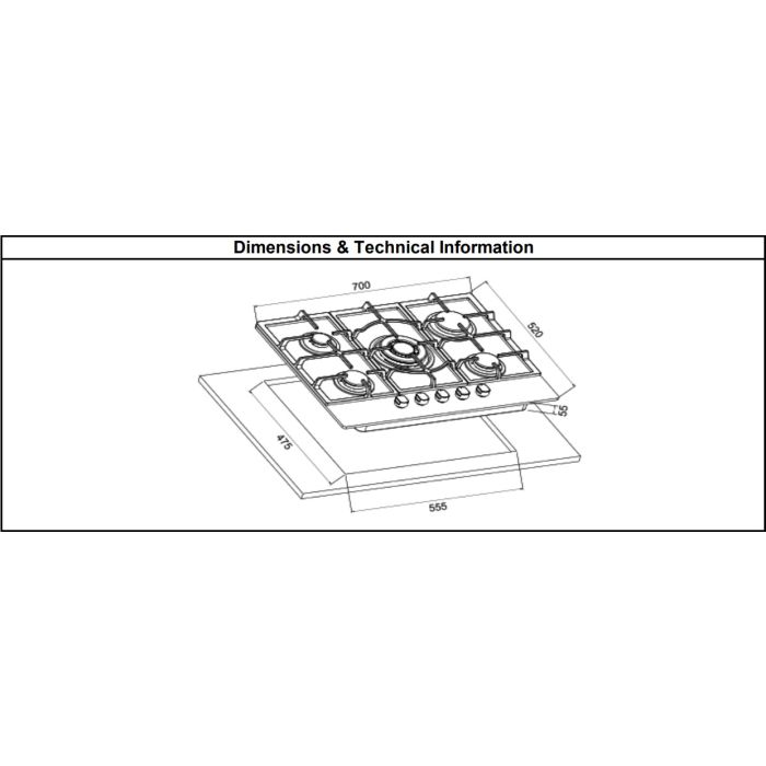 Cata UBGOG701BK - Black 5 Zone Gas Hob