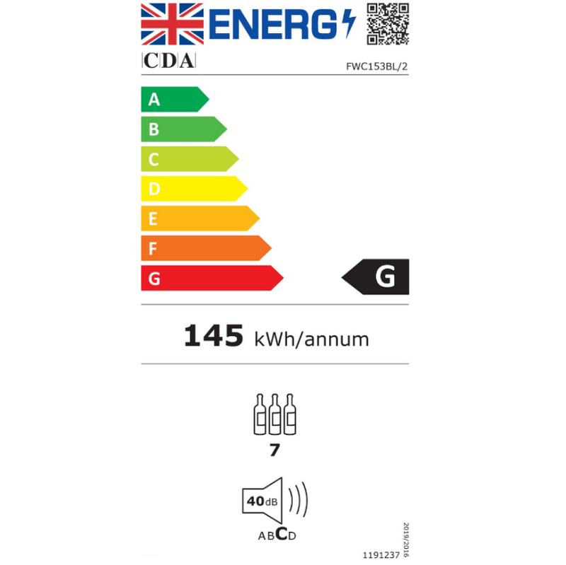CDA FWC153BL - Black 7 Bottle Capacity Wine Cooler - G energy