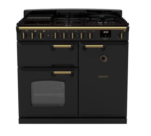 Rangemaster CLDL100DFPCBL/AB1 - Black Classic Deluxe 100cm Range Cooker - Dual Fuel - A Energy Rating