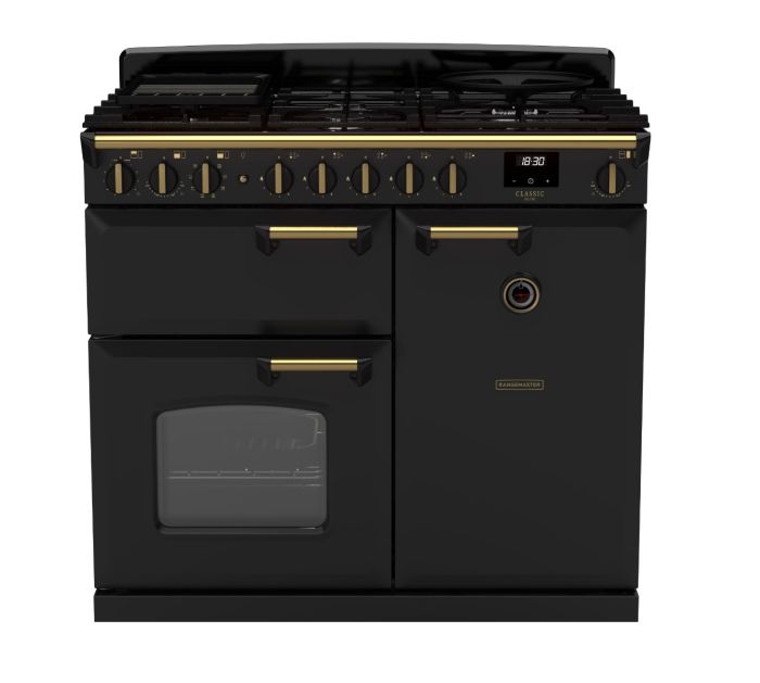 Rangemaster CLDL100DFPCBL/AB1 - Black Classic Deluxe 100cm Range Cooker - Dual Fuel - A Energy Rating