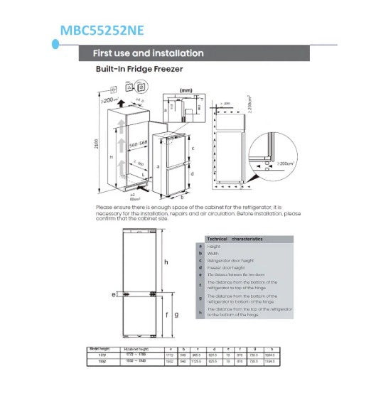 Fridgemaster MBC55252NE 177cm 70/30 Integrated Total No Frost Fridge Freezer with Sliding Door Hinge - White - E Rated