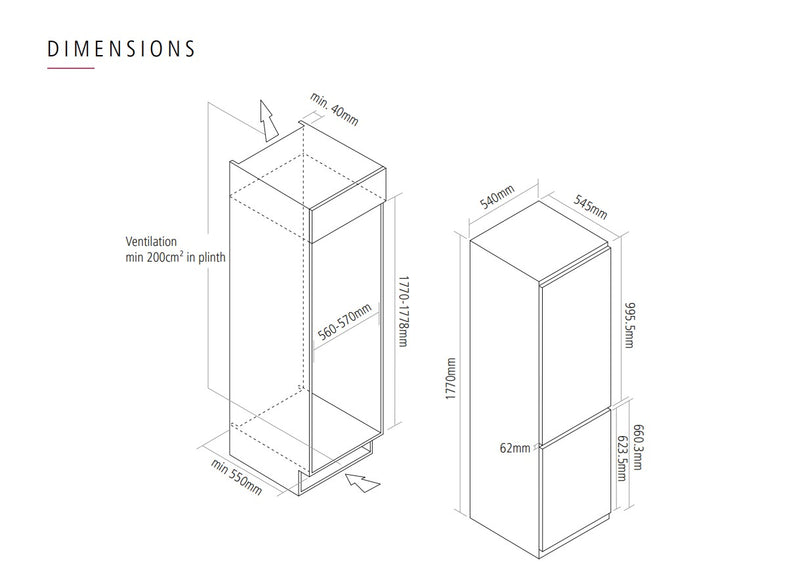 Caple RI7308 - 70/30 In-Column Fridge Freezer - 180L/63L - E Energy Rating