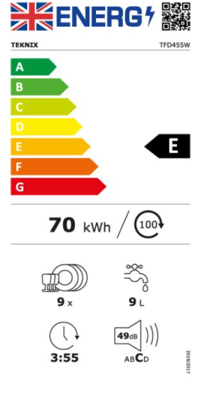 Teknix TFD455W - White Freestanding Dishwasher - E energy