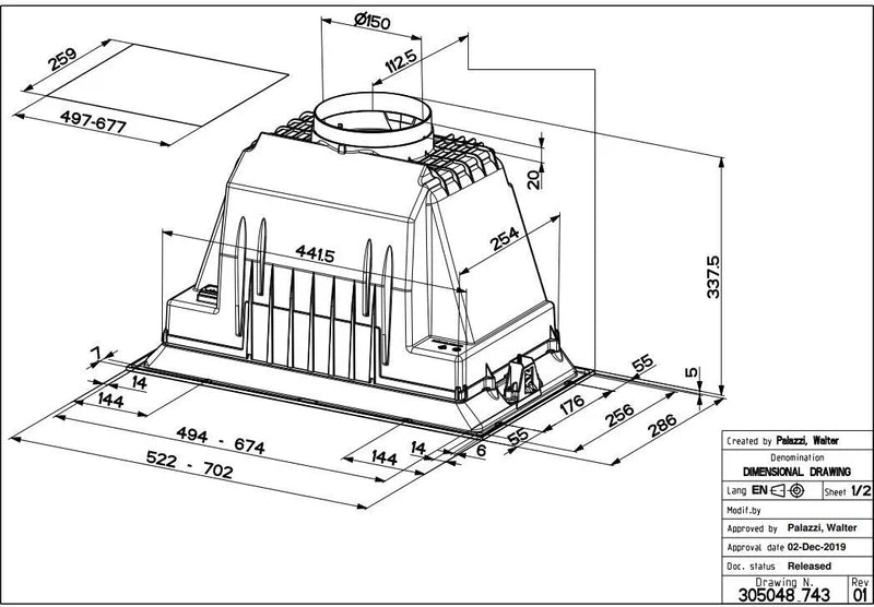 Faber INCA-PLUS-HCS-52 - Stainless Steel Canopy Hood - 52cm Wide - B Rated