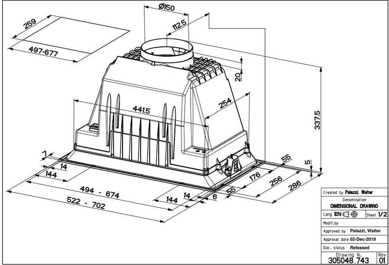 Faber INCA-PLUS-HCS-70 - Stainless Steel Canopy Hood - 70cm Wide - B Rated