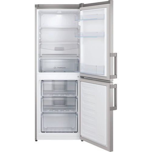 Indesit IB55 532 S UK silver fridge freezer with both doors open, showing shelves and freezer drawers