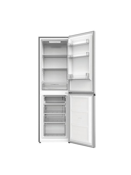 Indesit INKS 3251 S4UK silver fridge freezer with both doors open, showing shelves and freezer drawers