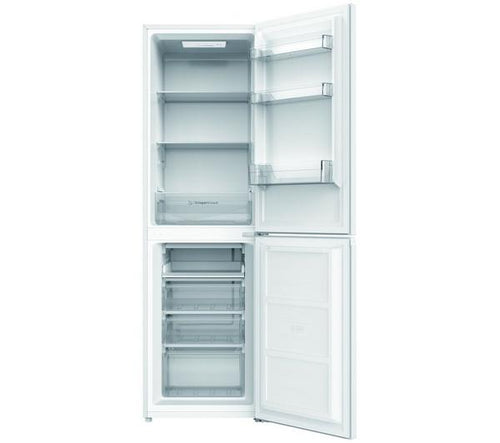 Indesit INKS 3251 W4UK fridge freezer with both doors open, showing glass shelves and freezer drawers