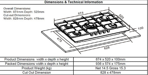 Cata UBGOG901BK - 90 cm Black 5 Zone Gas Hob