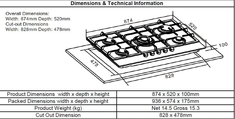 Cata UBGOG901BK - 90 cm Black 5 Zone Gas Hob