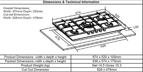 Cata UBGOG901BK - Black 5 Zone Gas Hob - Display