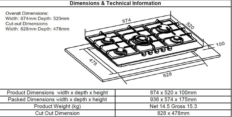 Cata UBGOG901BK - Black 5 Zone Gas Hob - Display