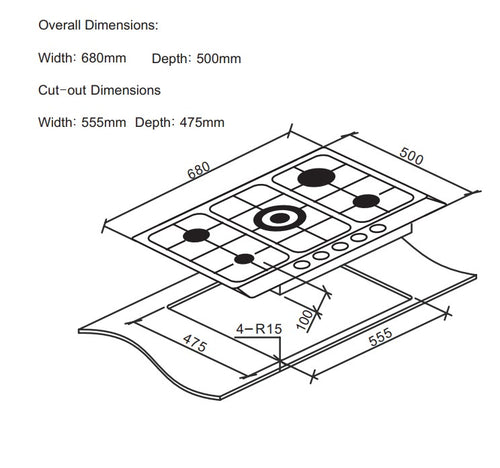 Cata UBGHDFFJ70.1 - Stainless Steel 68cm Gas Hob - 5 Burners - Display