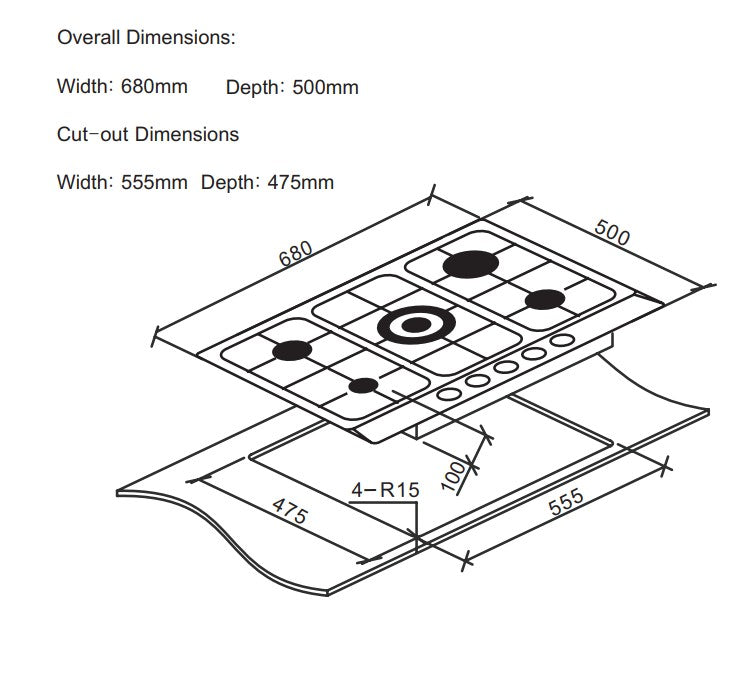 Cata UBGHDFFJ70.1 - Stainless Steel 68cm Gas Hob - 5 Burners - Display