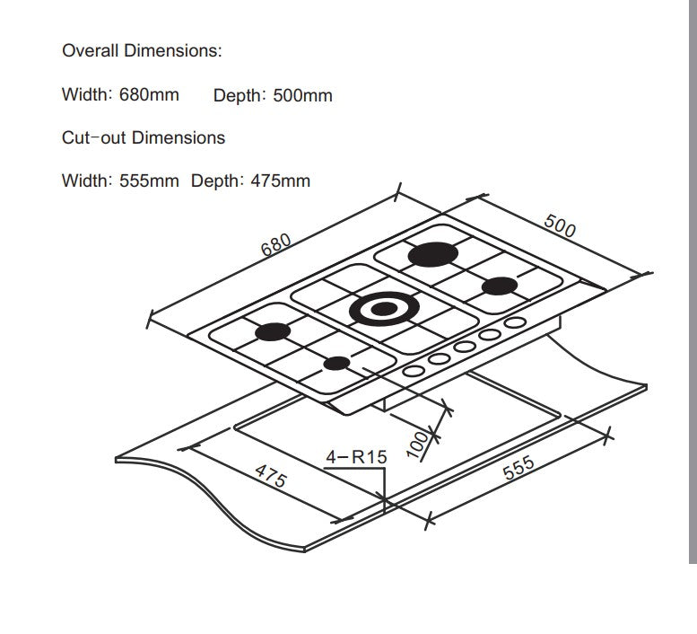 Cata UBGHDFFJ70.1 - Stainless Steel 68cm Gas Hob - 5 Burners