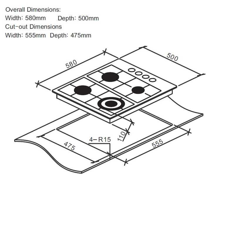 Cata UBGHDFFJ60.1 - Stainless steel 4 Zone Gas Hob