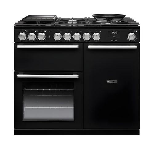 Rangemaster NEX100DFPGBL/CM1 - Gloss Black 100cm Dual Fuel Range Cooker - 5 Zone Gas Hob - A Energy