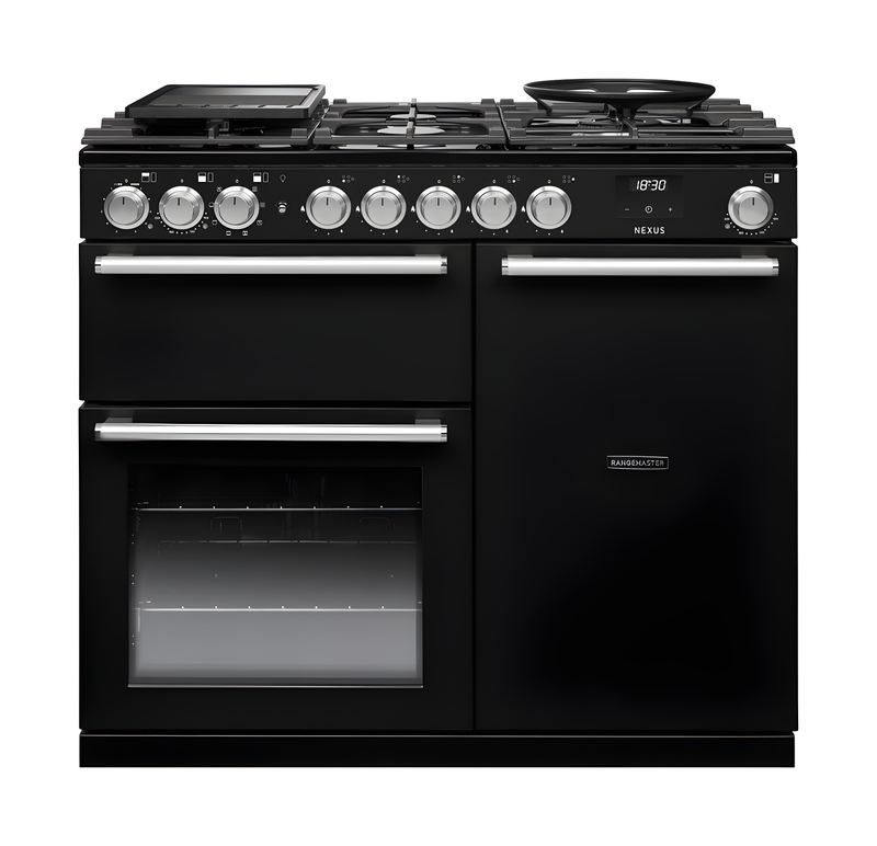 Rangemaster NEX100DFPGBL/CM1 - Gloss Black 100cm Dual Fuel Range Cooker - 5 Zone Gas Hob - A Energy