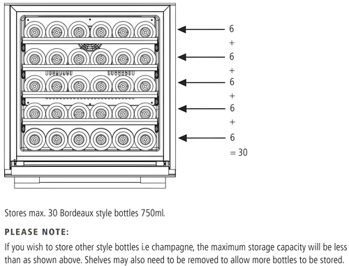 Caple WC6100BG - Black Glass Wine Cooler - 30 Bottles - G Rated