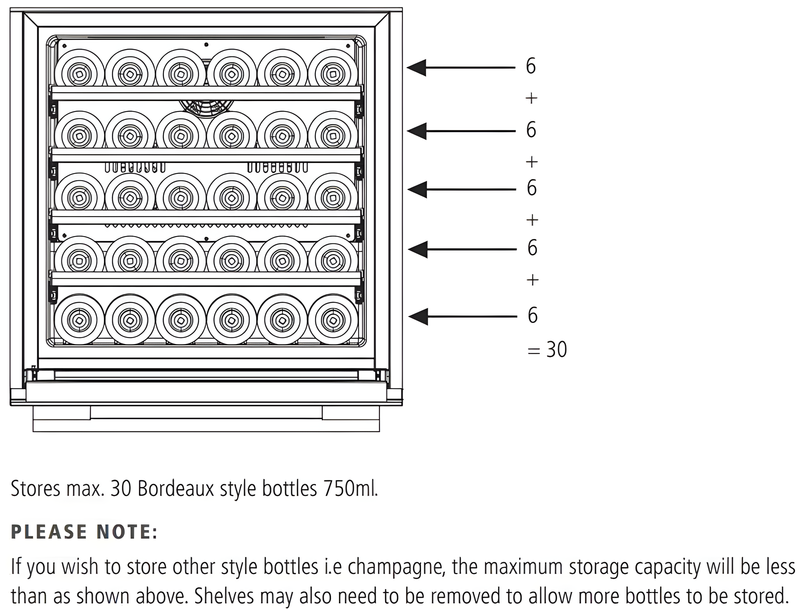 Caple WC6100BG - Black Glass Wine Cooler - 30 Bottles - G Rated