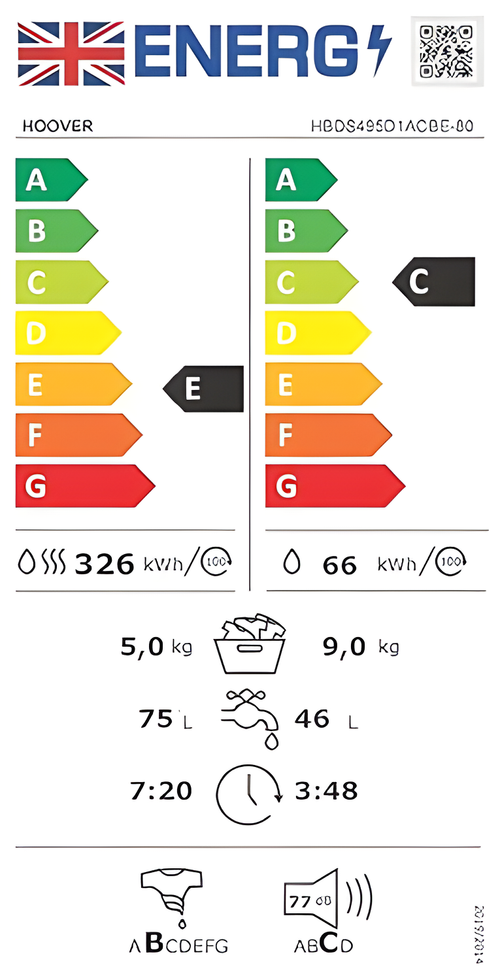 Hoover HBDS495D1ACBE-80 - Black &amp; Chrome 9KG Washer Dryer - 1400 RPM - E energy