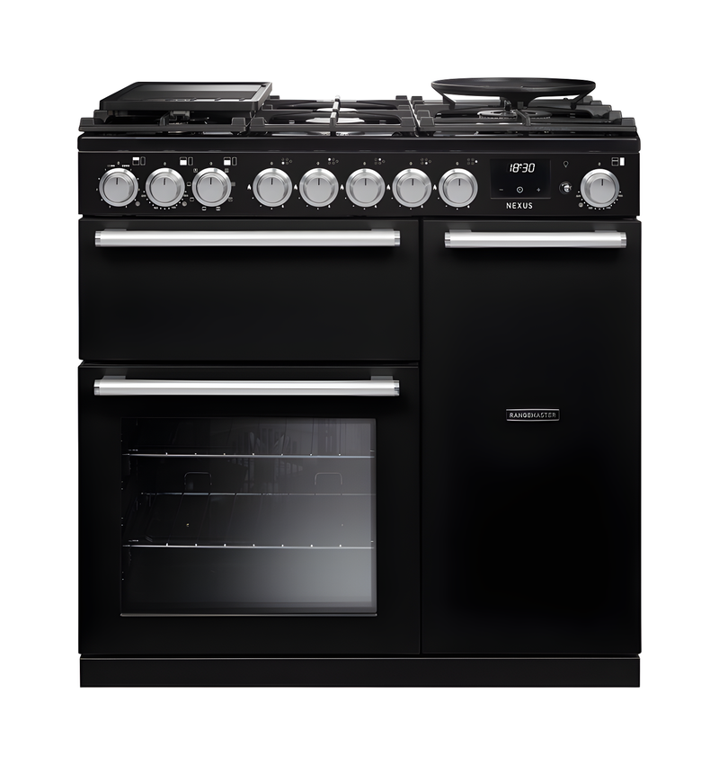 Rangemaster Nexus 90 NEX90DFPGBL/CM1 - Gloss Black Dual Fuel Range Cooker - 90cm - A Energy