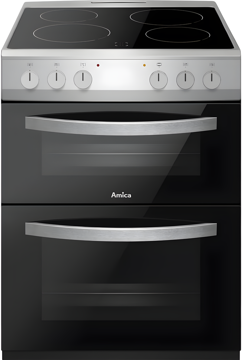 Amica AFC602SS 60cm Ceramic Electric Cooker with Double Oven, A Rated - Silver