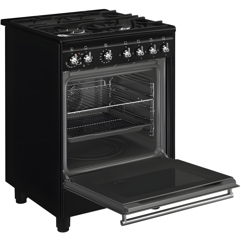 Smeg CX61GMBL Concert - Black Dual Fuel Cooker with Single Oven - 4 Gas Burners - 70L Capacity - A Energy Rating
